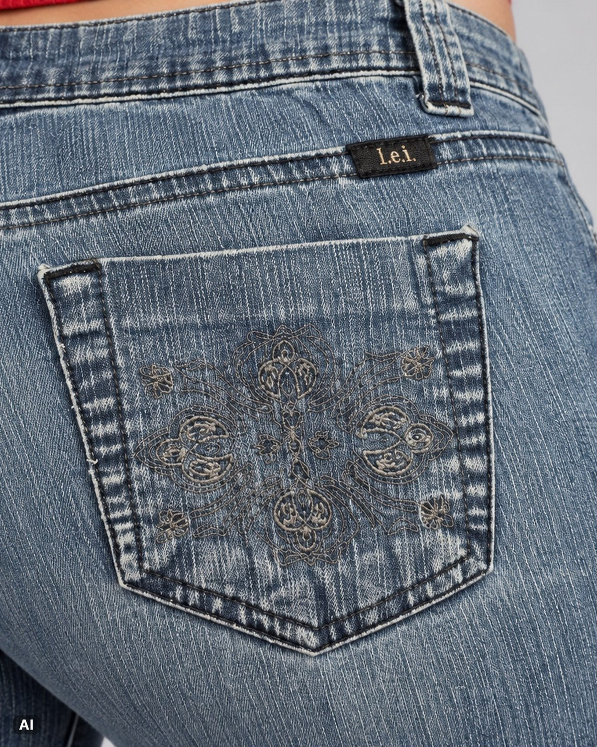 l.e.i Chelsea Low Rise Bootcut Jeans – Gr. EU 34 / XS – Detail hinten nah, KI-Visualisierung am Model