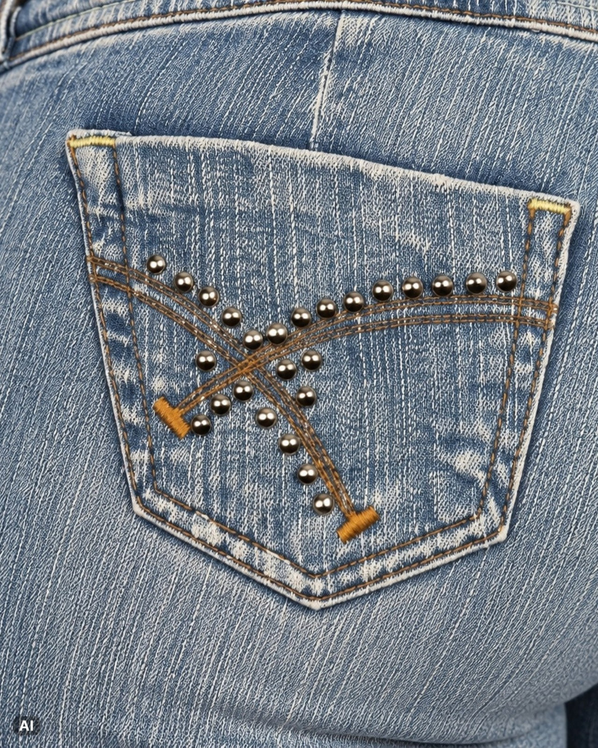 Vintage Mid Waist Bootcut Jeans – Gr. EU 36 / S – Detail hinten nah, KI-Visualisierung am Model