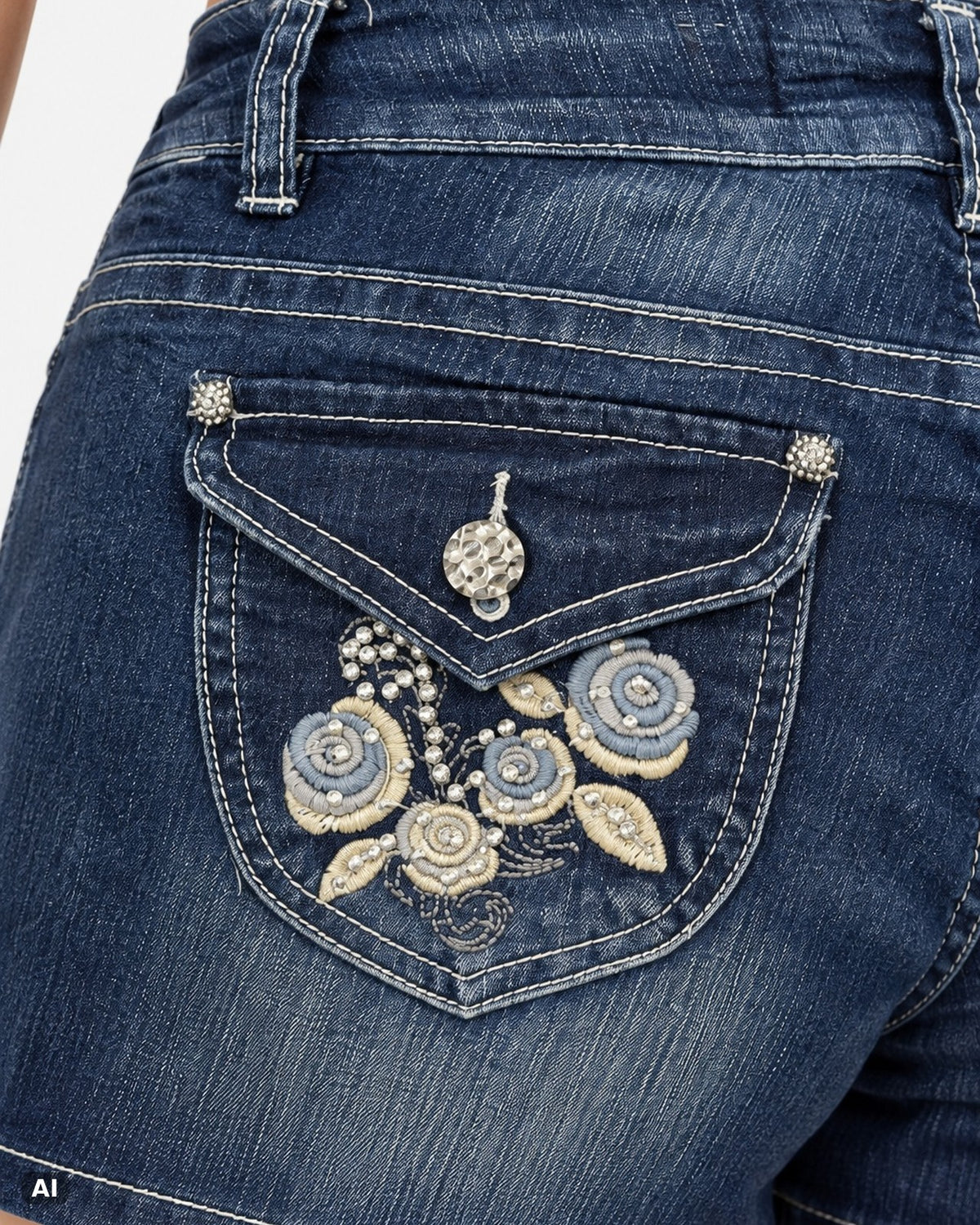 Mogul Blütenstickerei Mid Waist Jeansshorts – Gr. EU 34 / XS – Detail hinten nah, KI-Visualisierung am Model