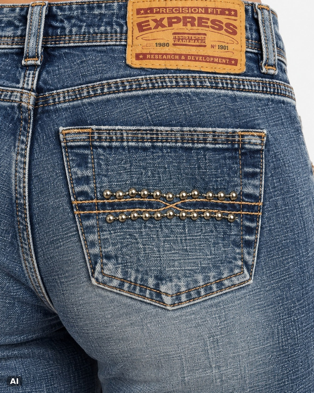 Express Low Rise Bootcut Jeans – Gr. EU 34 / XS – Detail hinten nah, KI-Visualisierung am Model