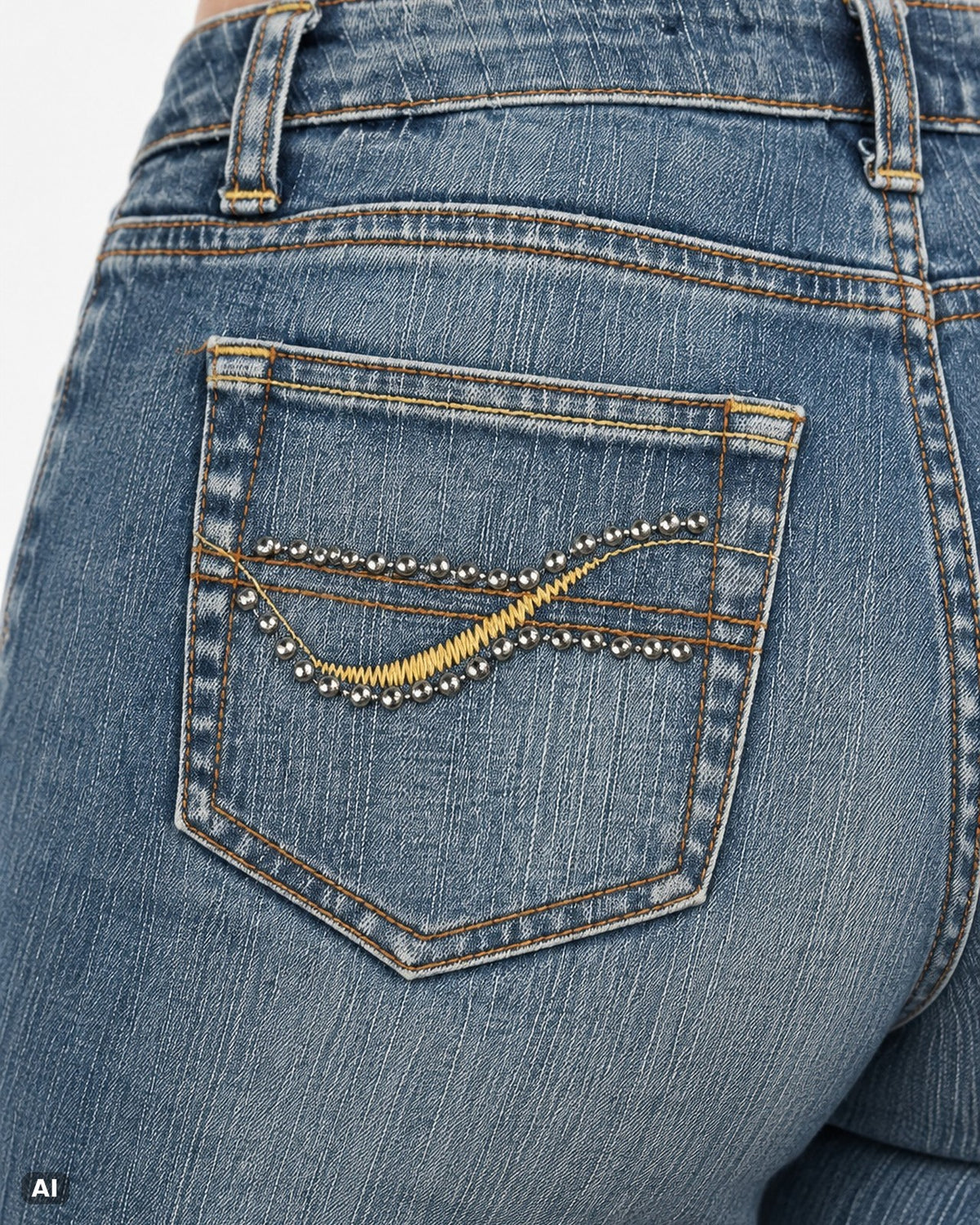 Ana Mid Waist Bootcut-Jeans – Gr. EU 40 / L – Detail hinten nah, KI-Visualisierung am Model