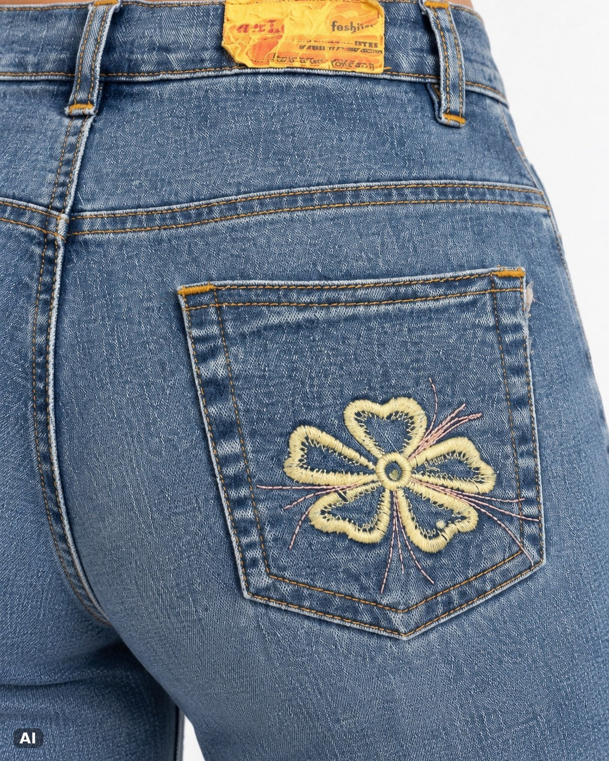 Vintage Blumenstickerei High Waist Bootcut Jeans – Gr. EU 34 / XS – Detail hinten nah, KI-Visualisierung am Model