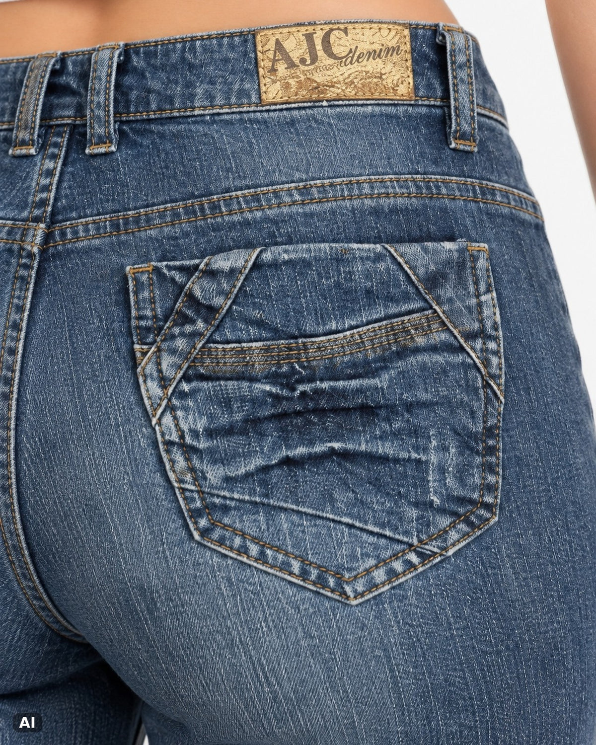 AJC by Arizona Mid Waist Straight Leg Jeans – Gr. EU 42 / XL – Detail hinten nah, KI-Visualisierung am Model