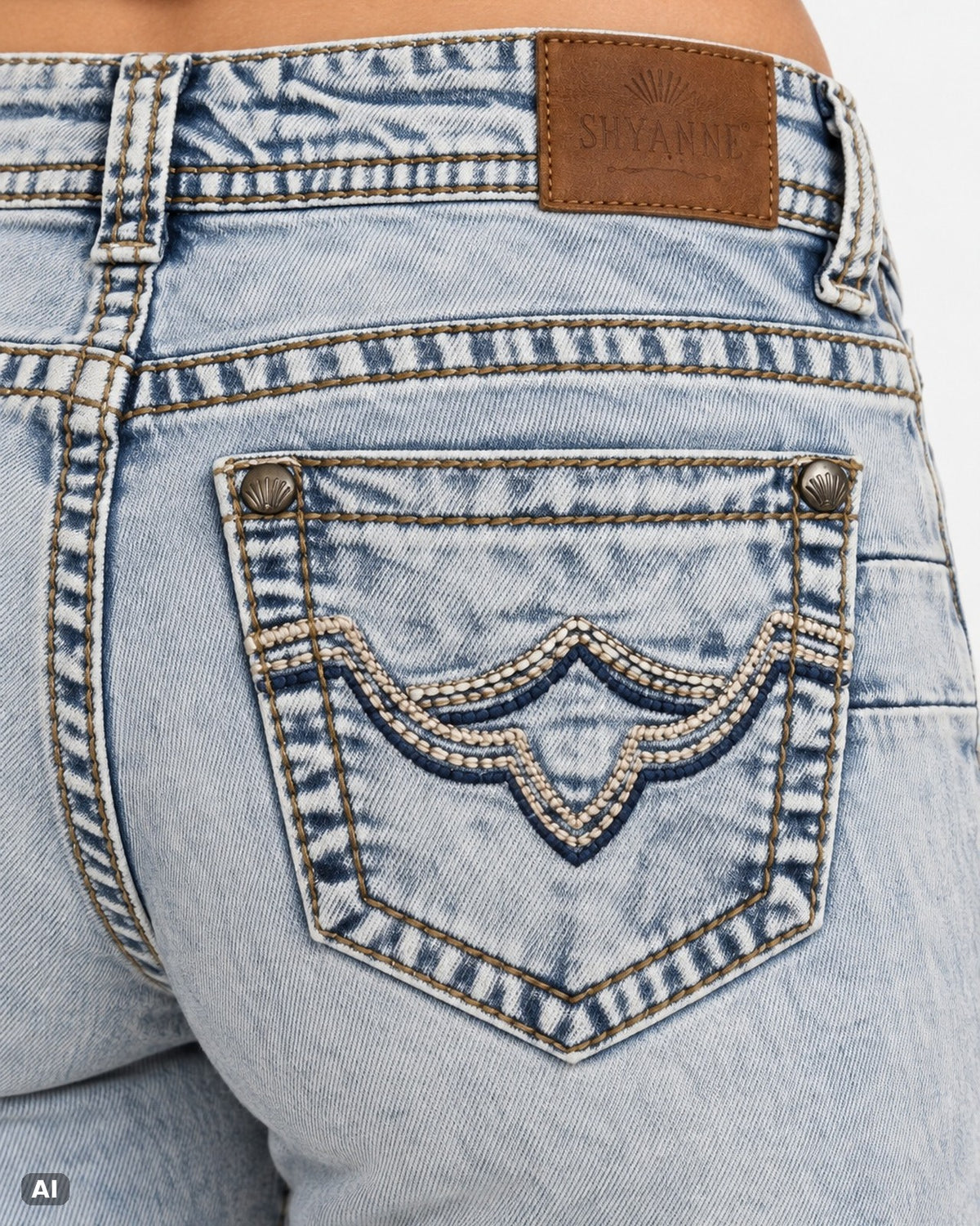 Shyanne Low Rise Bootcut Jeans – Gr. EU 34 / XS – Detail hinten nah, KI-Visualisierung am Model