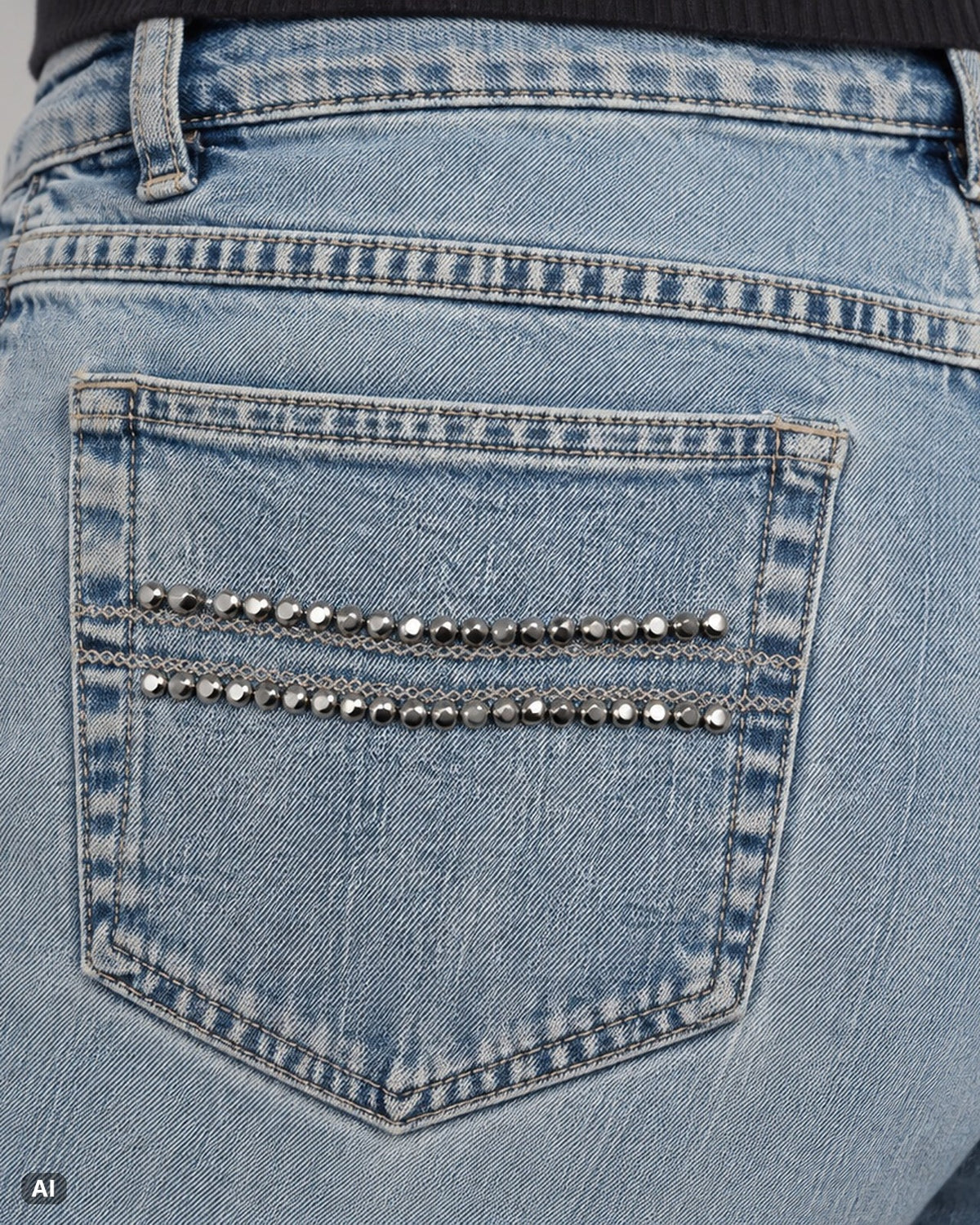 J.Jill Acid-Waschung Mid Waist Bootcut-Jeans – Gr. EU 38 / M – Detail hinten nah, KI-Visualisierung am Model