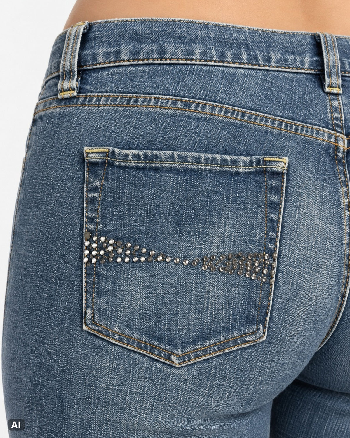 LEI Ultra Low Waist Bootcut-Jeans – Gr. EU 40 / L – Detail hinten nah, KI-Visualisierung am Model