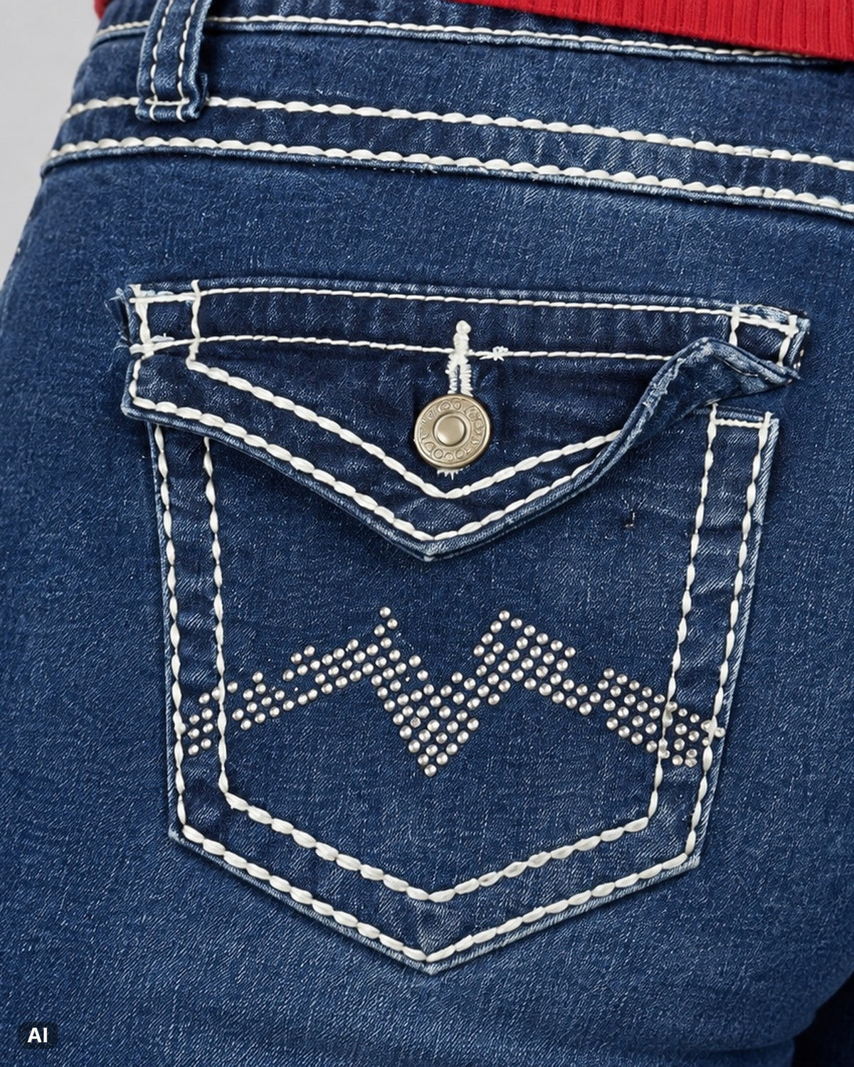 Bamboo Zickzack High Waist Flare Jeans – Gr. EU 36 / S – Detail hinten nah, KI-Visualisierung am Model