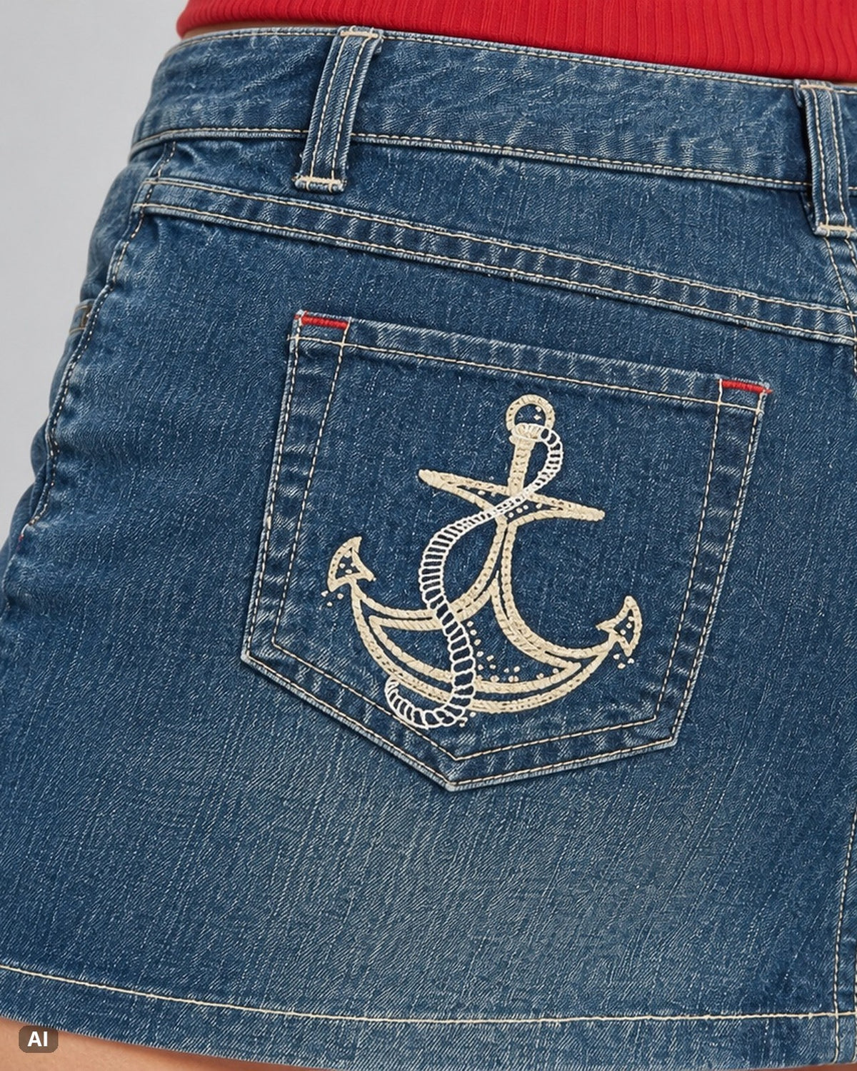 Style & Co Ankerstickerei ausgestellter Minirock – Gr. EU 36 / S – Detail hinten nah, KI-Visualisierung am Model