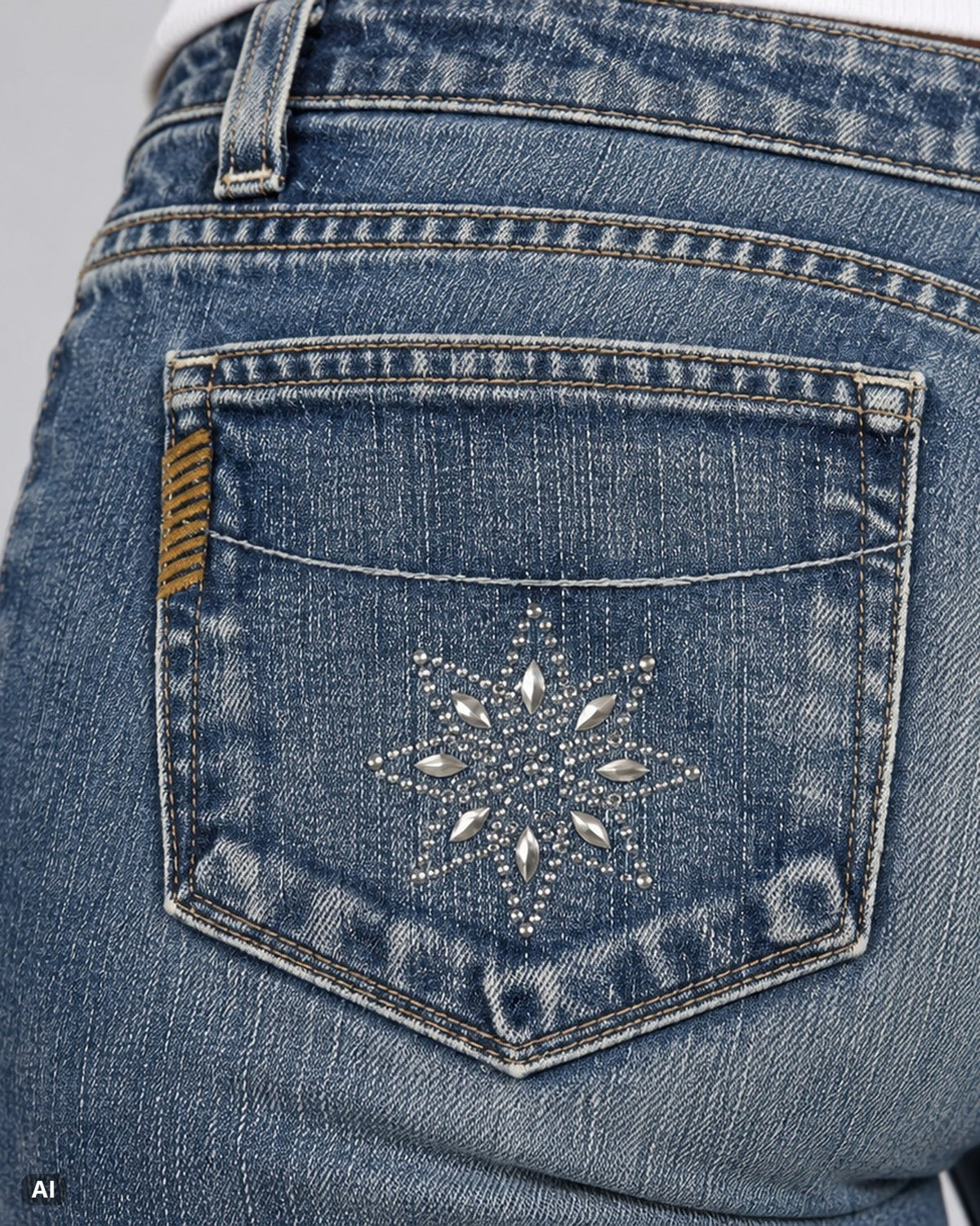 Paige Laurel Canyon Low Rise Flare Jeans – Gr. EU 40 / L – Detail hinten nah, KI-Visualisierung am Model