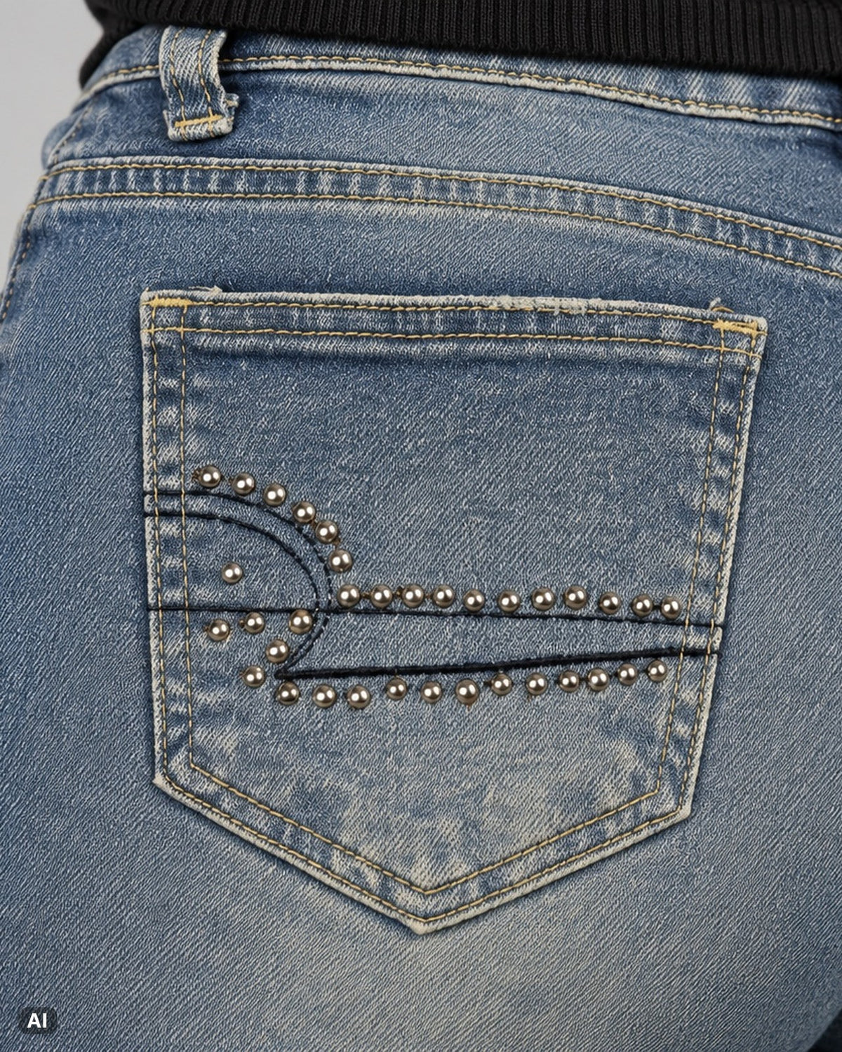 Vintage High Waist Bootcut Jeans – Gr. EU 36 / S – Detail hinten nah, KI-Visualisierung am Model