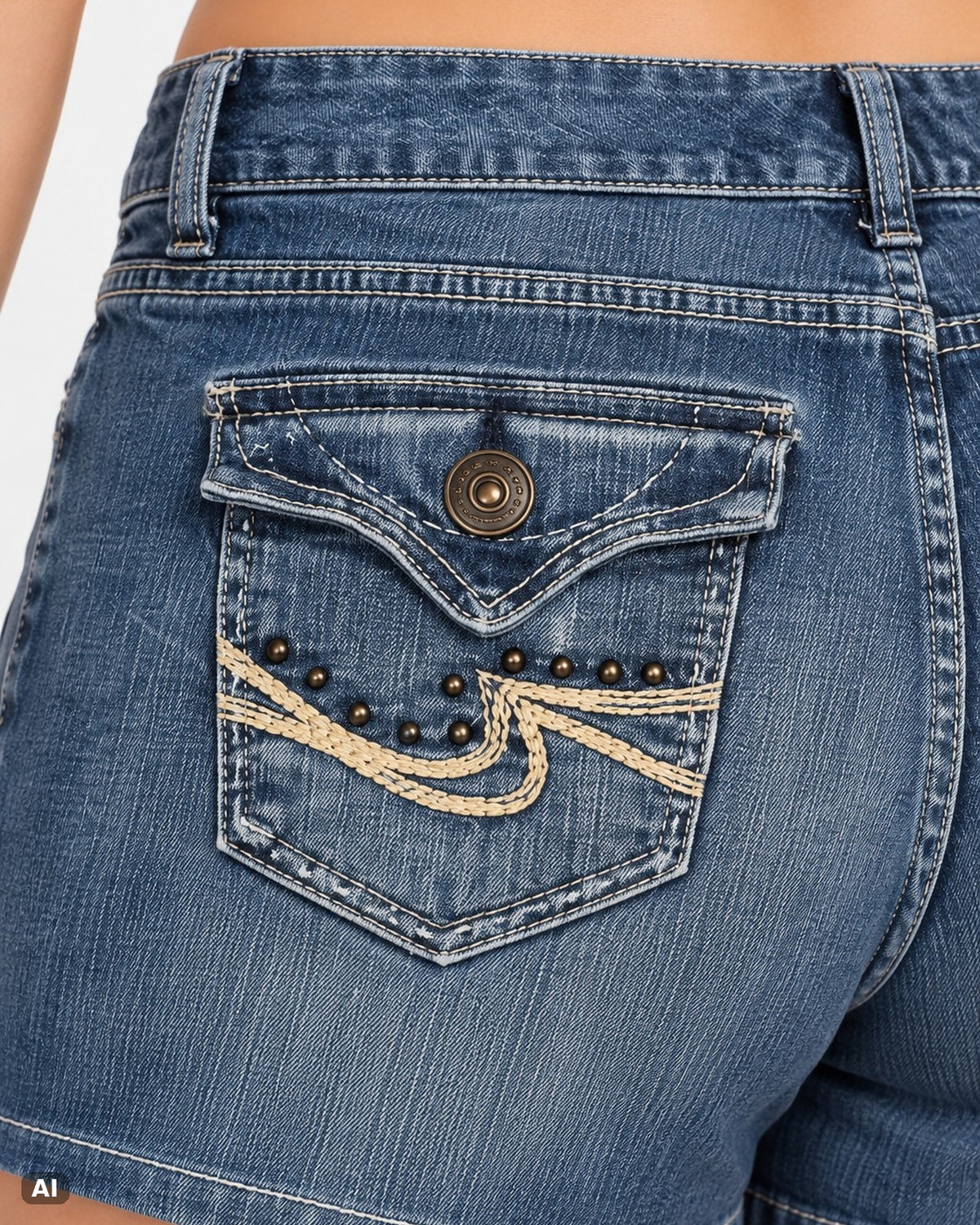 Maurices Low Waist Straight Jeansshorts – Gr. EU 38 / M – Detail hinten nah, KI-Visualisierung am Model