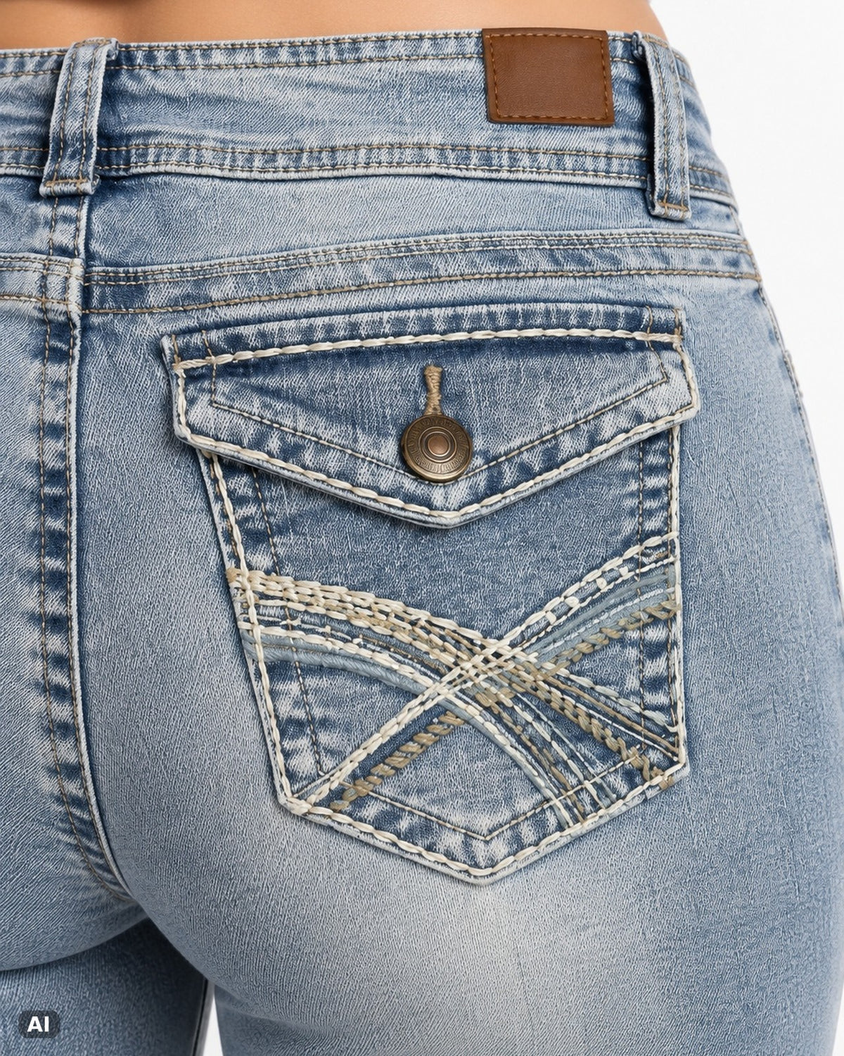 Wallflower Curvy Fit Mid-Waist Bootcut-Jeans – Gr. EU 40 / L – Detail hinten nah, KI-Visualisierung am Model