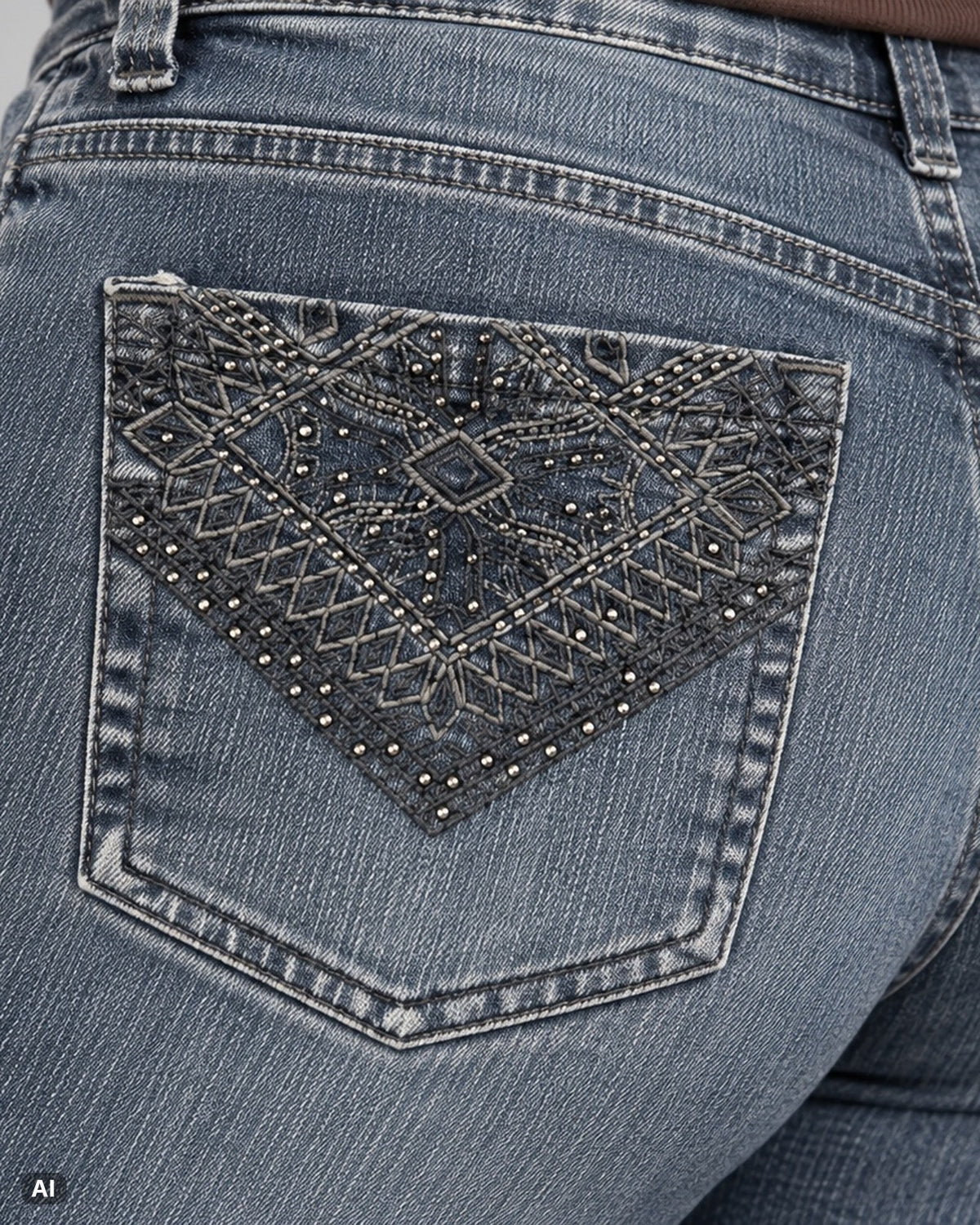 Gloria Vanderbilt Amanda, gerade Jeans-Bermuda – Gr. EU 36 / S – Detail hinten nah, KI-Visualisierung am Model