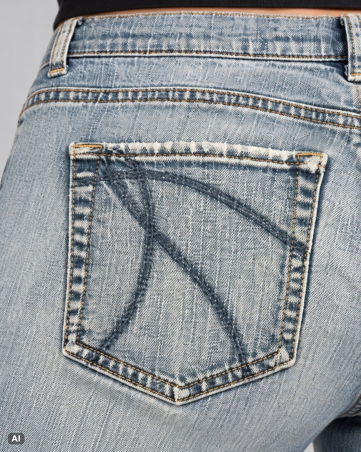 New York & Company Bootcut Mid Rise Jeans – Gr. EU 38 / M – Detail hinten nah, KI-Visualisierung am Model