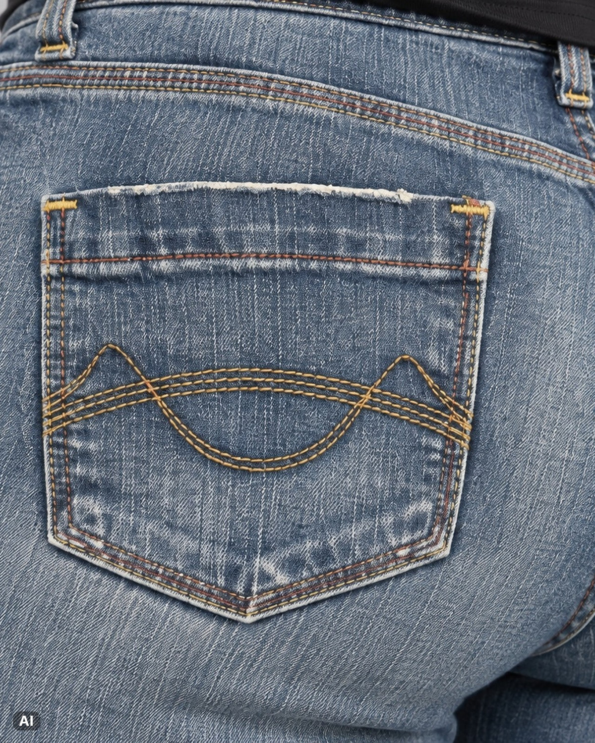 Mossimo Supply Co Low Rise Bootcut-Jeans – Gr. EU 40 / L – Detail hinten nah, KI-Visualisierung am Model