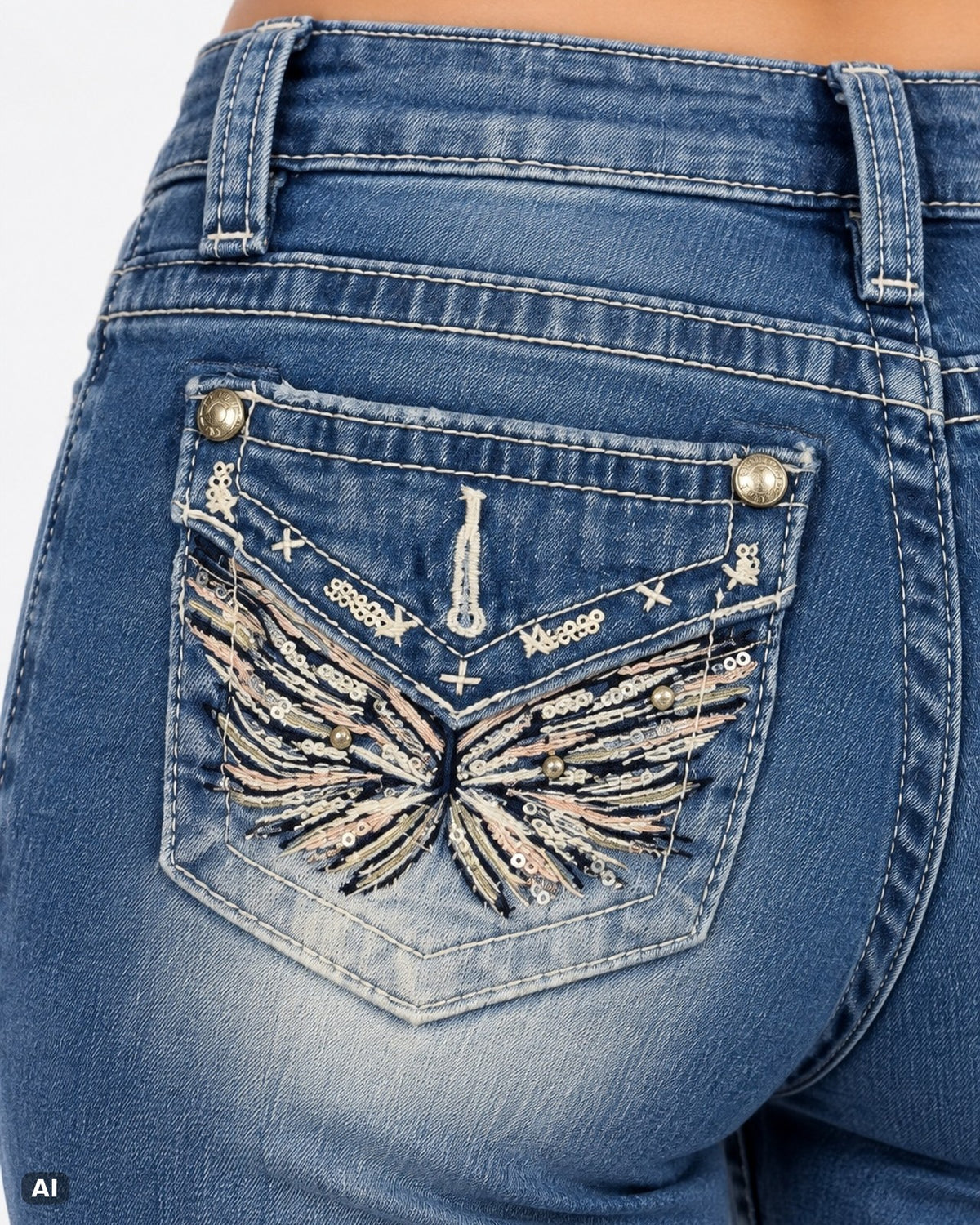 Stella in Dreams Low Waist Bootcut Jeans – Gr. EU 28 / XXS – Detail hinten nah, KI-Visualisierung am Model