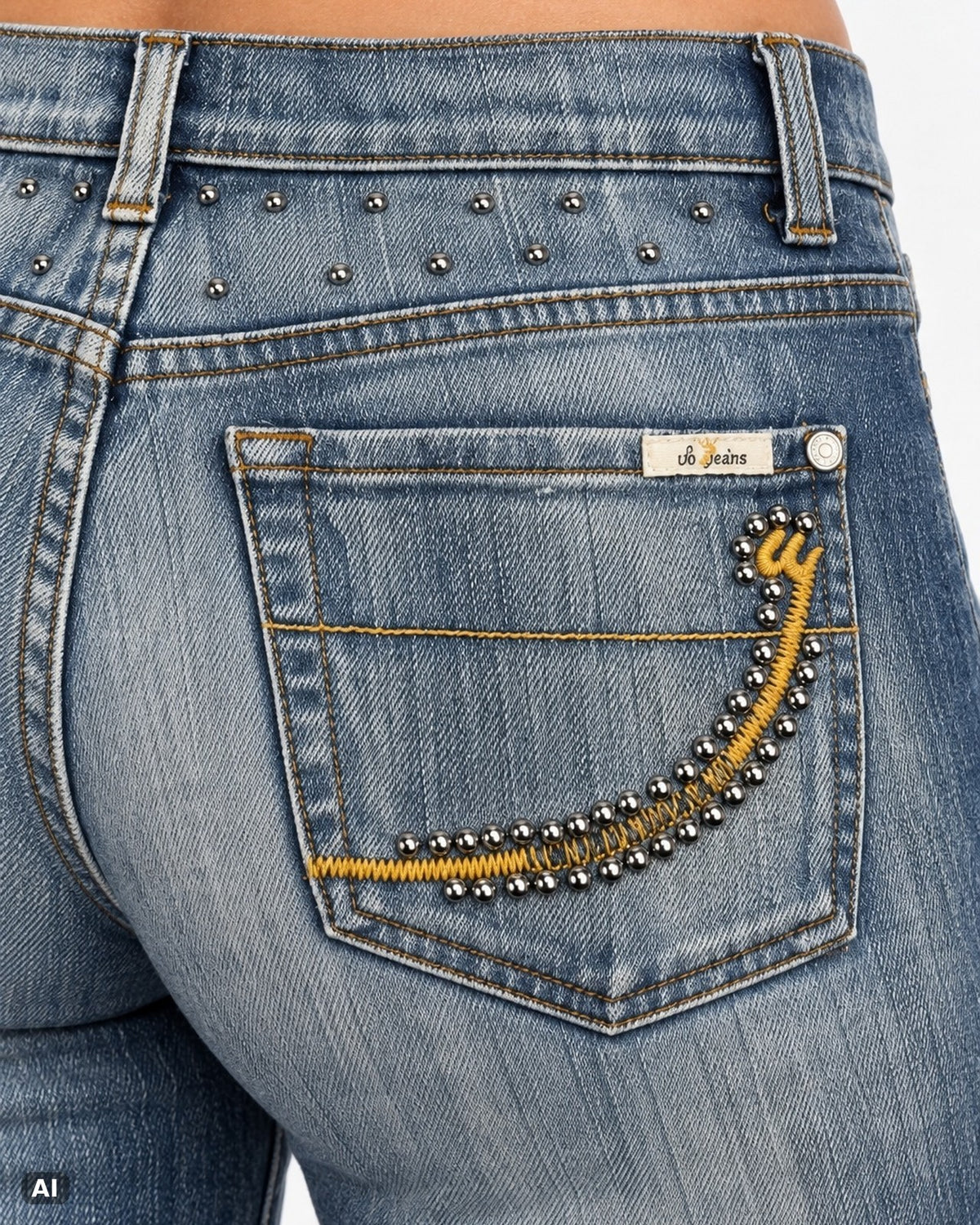 UB Jeans Flare Low Waist – Gr. EU 34 / XS – Detail hinten nah, KI-Visualisierung am Model