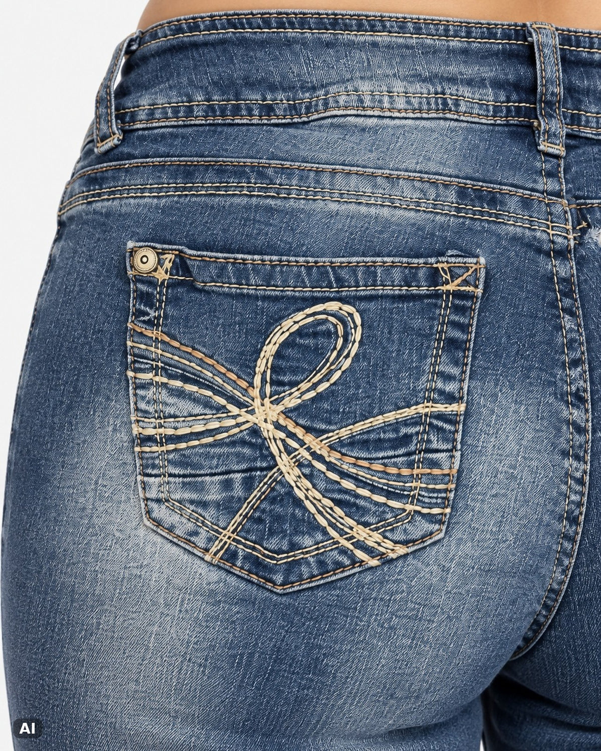 WallFlower Luscious Curvy Fit Bootcut Jeans… – Gr. W27 / EU 36 / S – Detail hinten nah, KI-Visualisierung am Model
