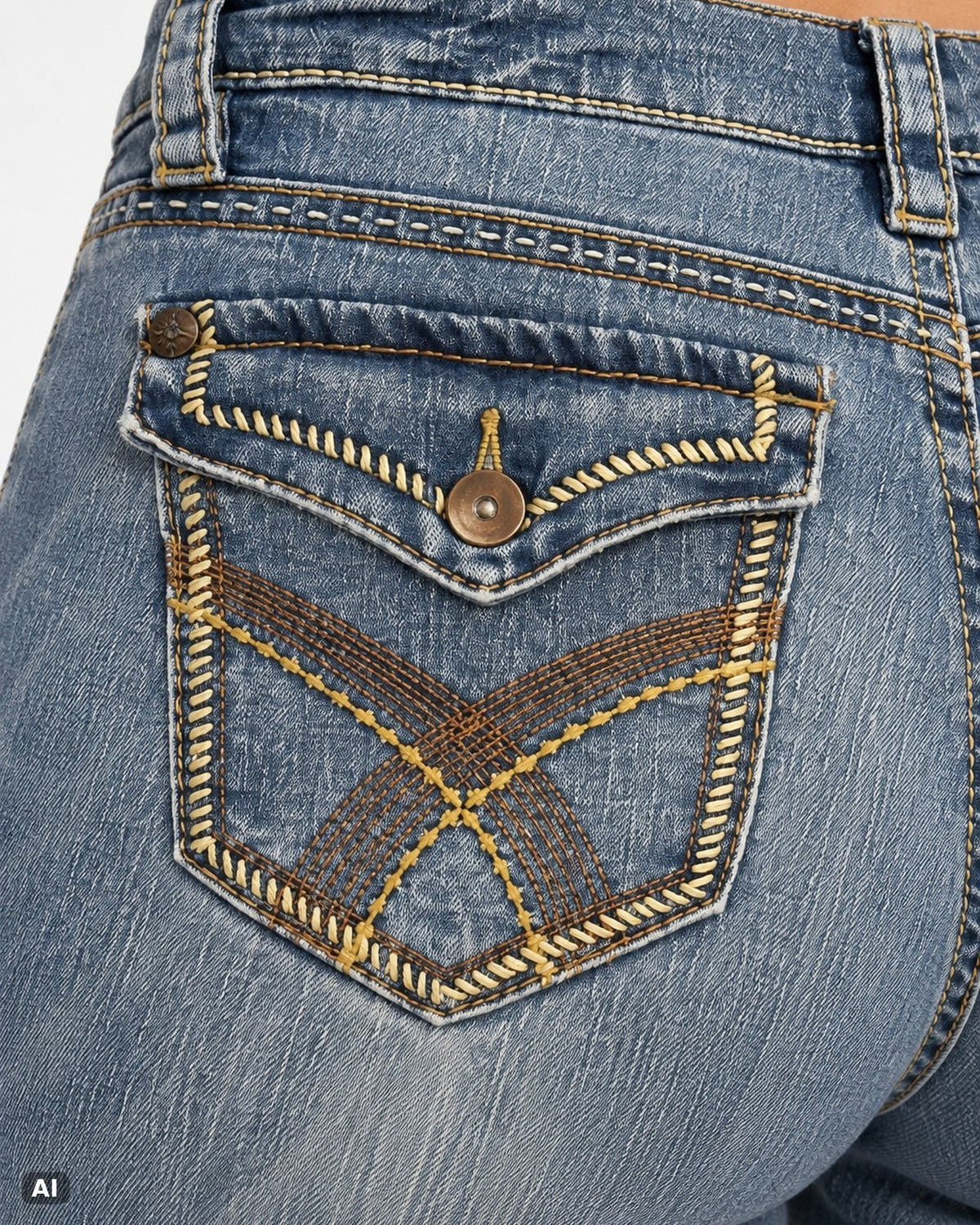 Supplies bestickte Mid-Rise-Bootcut-Jeans – Gr. EU 40 / L – Detail hinten nah, KI-Visualisierung am Model