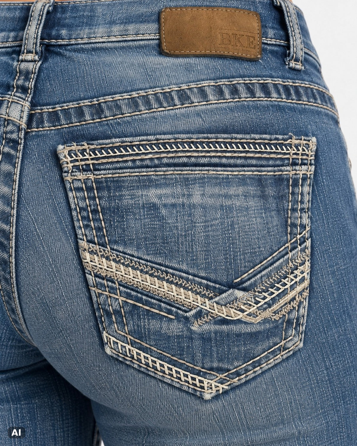 BKE Aiden Mid Rise Bootcut-Jeans – Gr. EU 36 / S – Detail hinten nah, KI-Visualisierung am Model