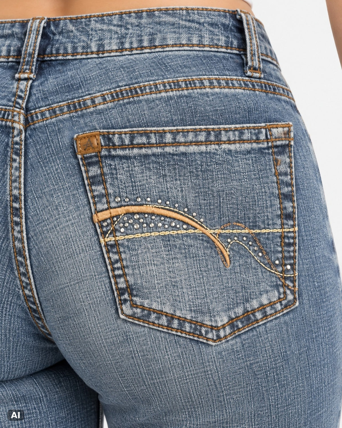 Vintage Strass Mid-Waist Bootcut-Jeans – Gr. EU 34 / XS – Detail hinten nah, KI-Visualisierung am Model
