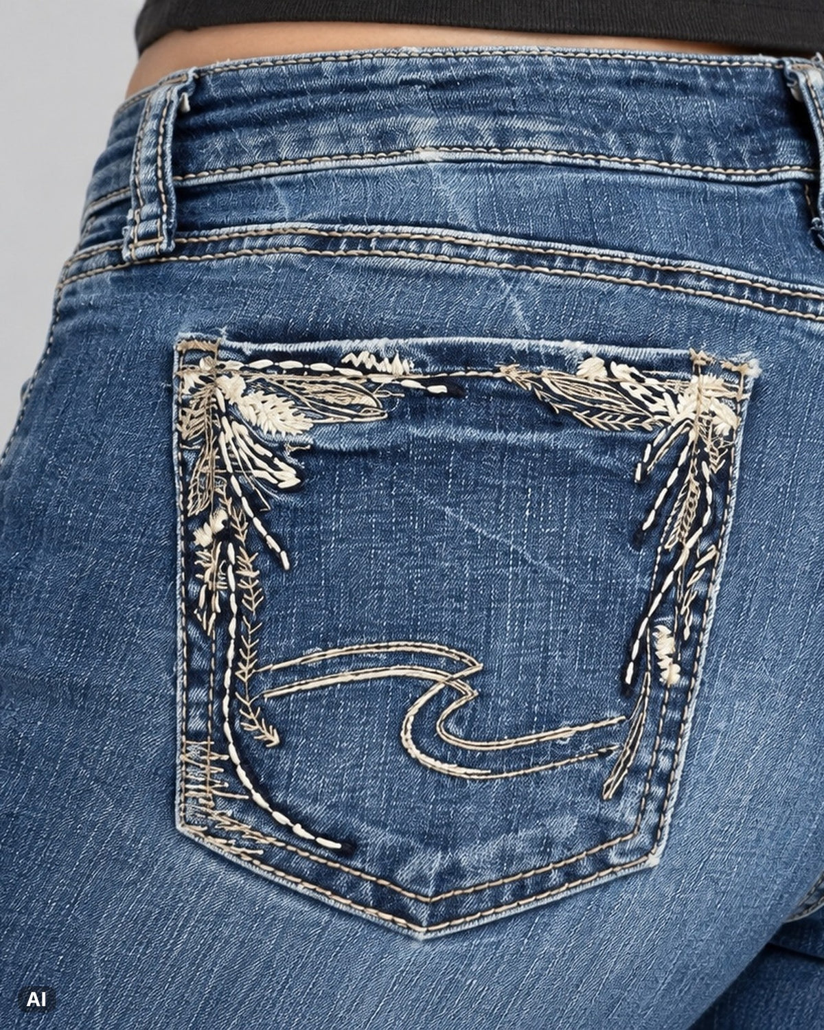 Silver Jeans Co Mid Waist Bootcut-Jeans – Gr. EU 36 / S – Detail hinten nah, KI-Visualisierung am Model