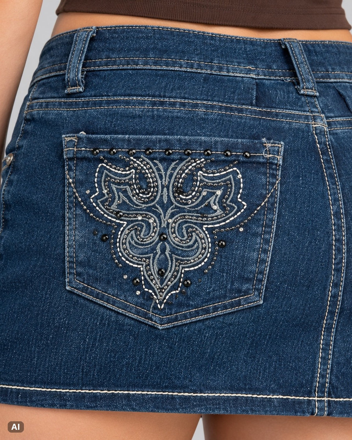 Vintage Tribal Low Rise ausgestellter Minirock – Gr. EU 36 / S – Detail hinten nah, KI-Visualisierung am Model