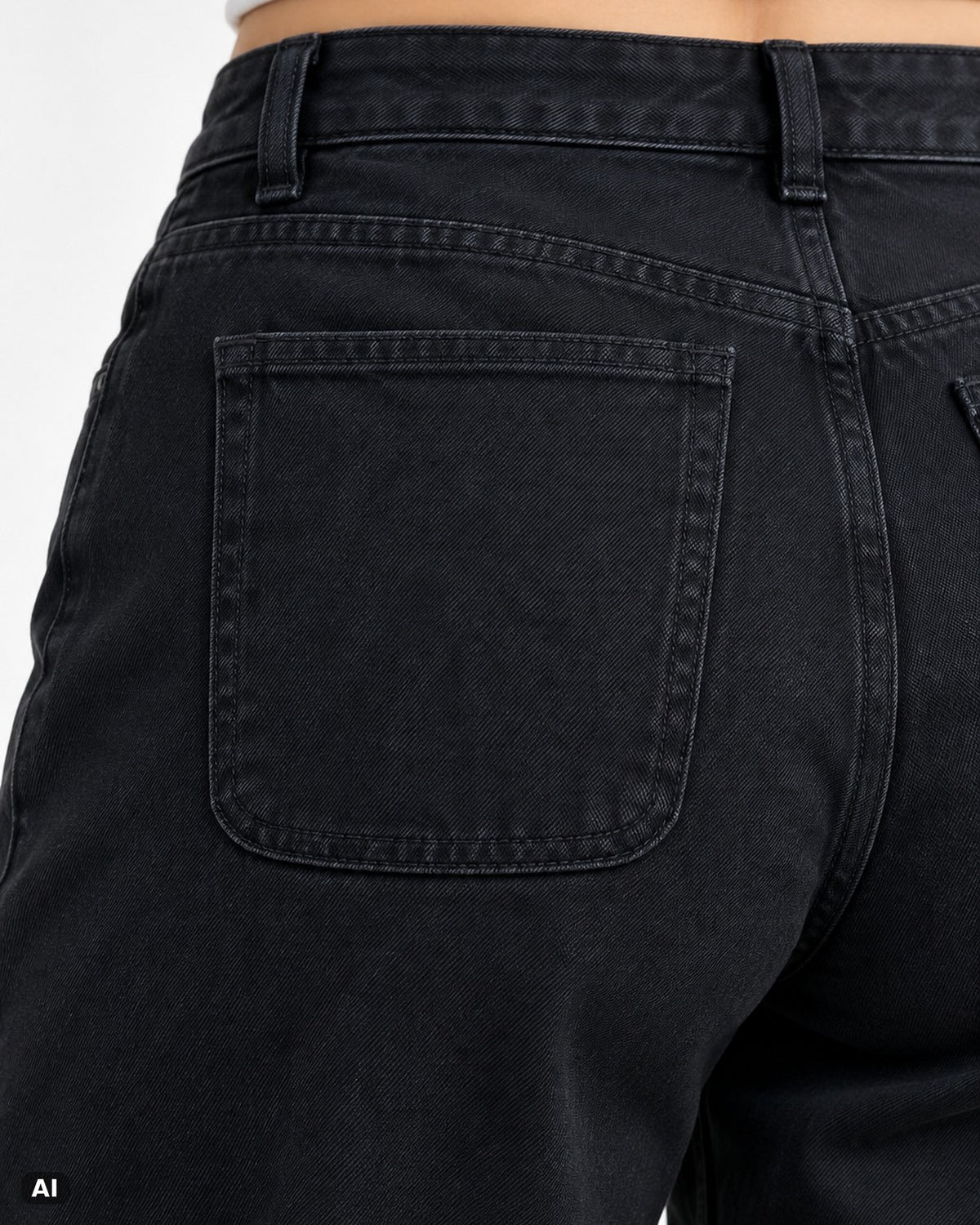 Marivy Wide Leg Baggy Fit Klassische Taille Mid Rise Jeans – Detail hinten nah, KI-Visualisierung am Model