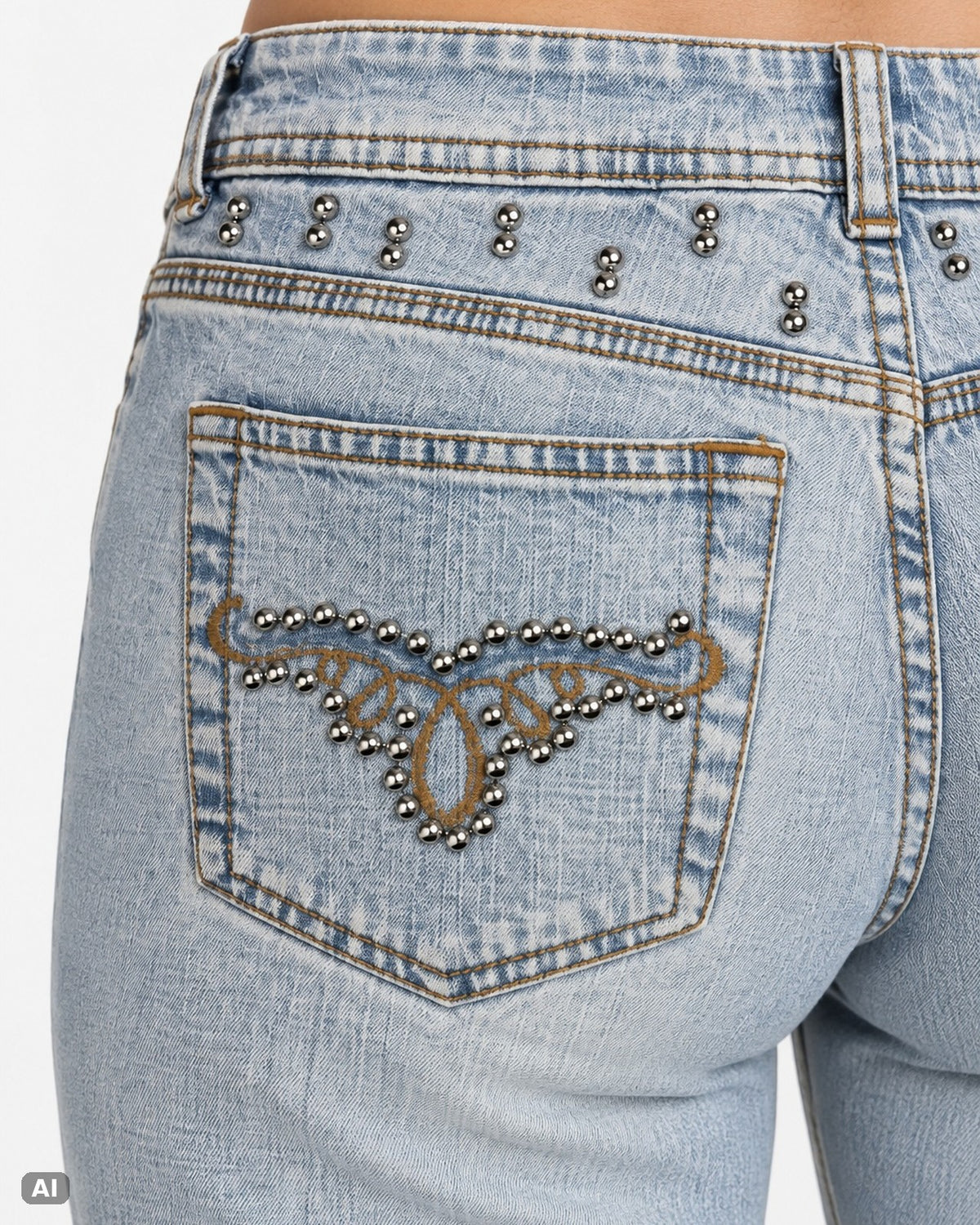 London Jean Low Waist Bootcut Jeans – Gr. EU 34 / XS – Detail hinten nah, KI-Visualisierung am Model