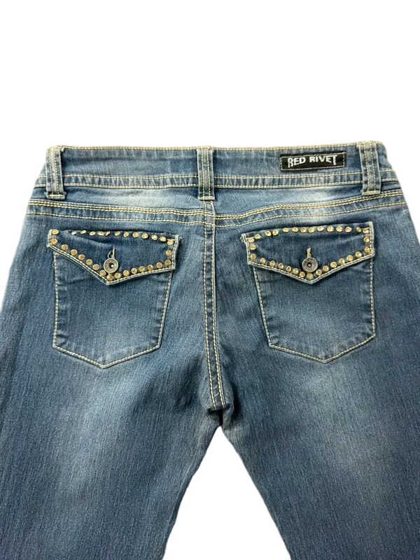 Red Rivet Low Rise W28 Bootcut McBling Y2K Studded Jeans Japan Style