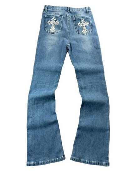 Y2K High Rise Bootcut Jeans XS Kreuz Stickerei Miss Me Style McBling